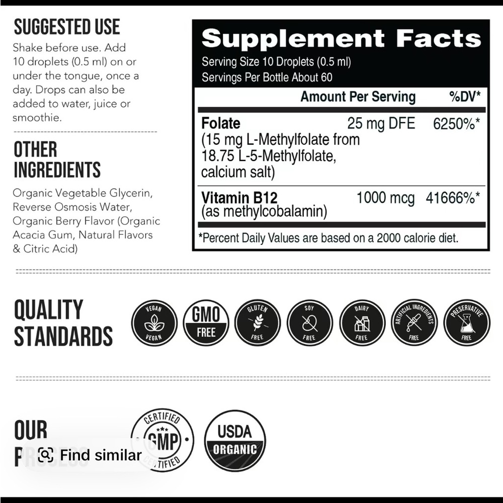 L- Methylfolate 15mg + B12 Pro Strength, Liquid 5-MTHF Form, Supports Mood - Picture 6 of 9
